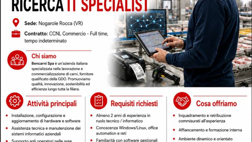 Bencarni S.p.A. ricerca un/una IT SPECIALIST

Per potenziare il nostro team IT, ...