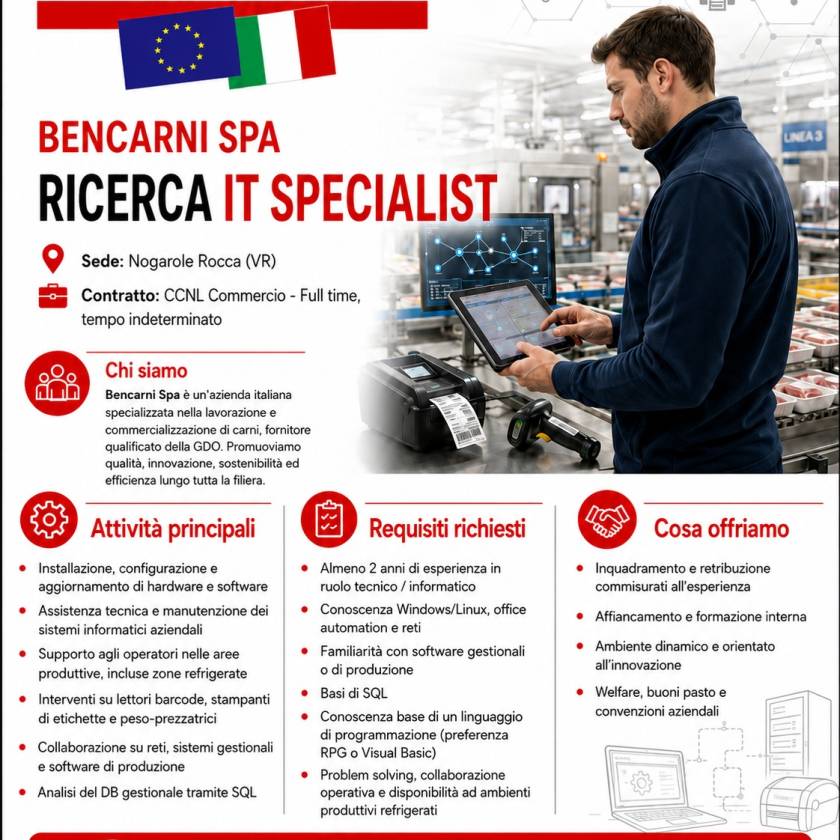 Bencarni S.p.A. ricerca un/una IT SPECIALIST

Per potenziare il nostro team IT, ...