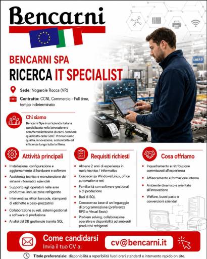 Bencarni S.p.A. ricerca un/una IT SPECIALIST

Per potenziare il nostro team IT,...
