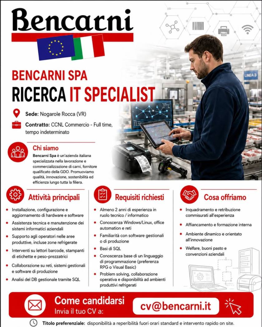 Bencarni S.p.A. ricerca un/una IT SPECIALIST

Per potenziare il nostro team IT,...