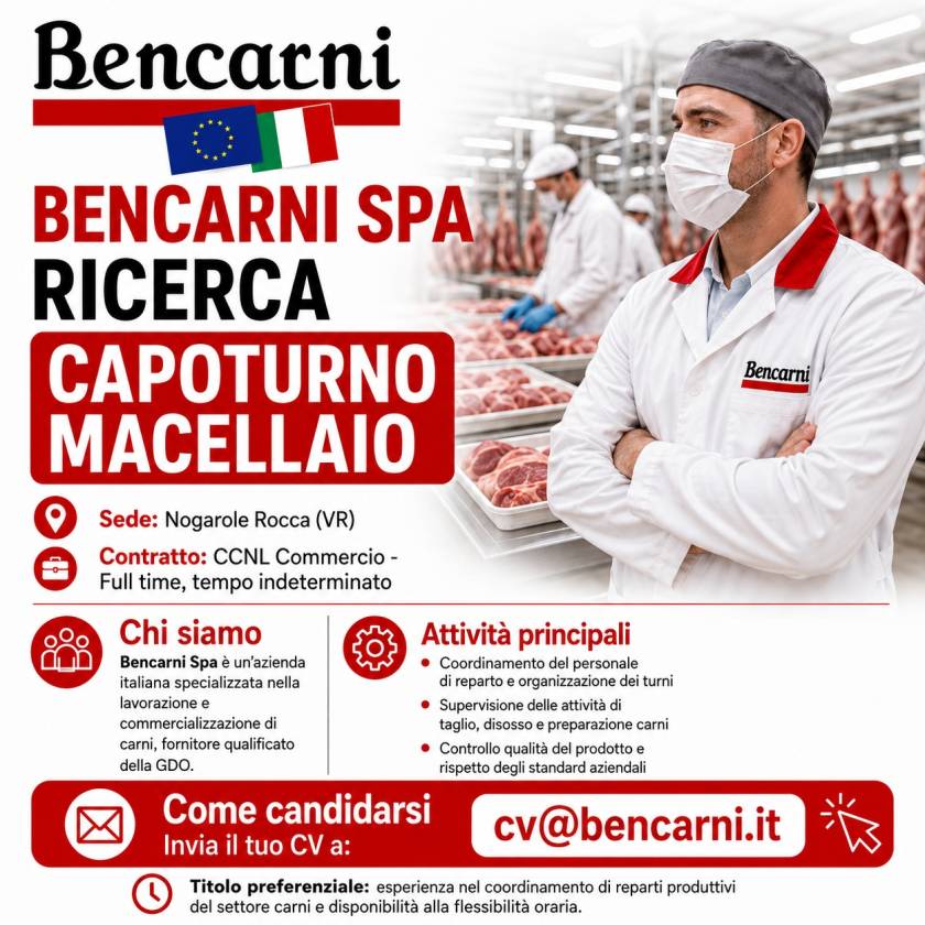 BENCARNI SPA RICERCA CAPOTURNO MACELLAIO

Per il nostro stabilimento di Nogarole...
